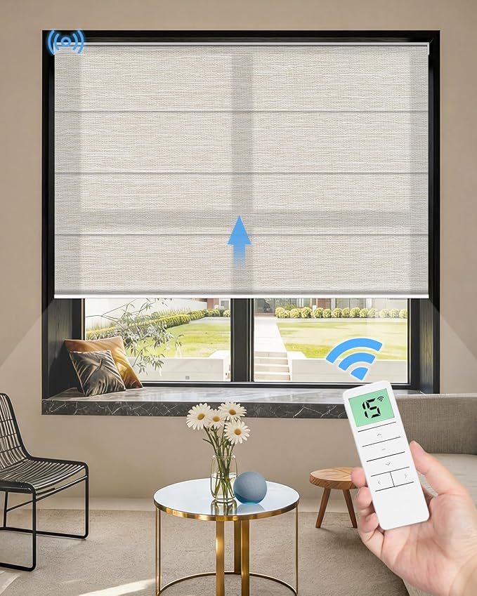Motorized Roman Shades for Windows, Custom Light Filtering Roman Blinds with Remote, Smart Privacy Window Shades for Living Room Kitchen Office, Alexa & Google Home Compatible, App Control via RF Hub