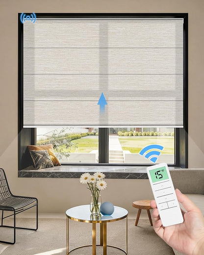 Motorized Roman Shades for Windows, Custom Light Filtering Roman Blinds with Remote, Smart Privacy Window Shades for Living Room Kitchen Office, Alexa & Google Home Compatible, App Control via RF Hub