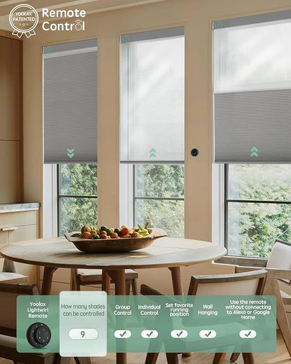 Yoolax Smart Motorized Day and Night Cellular Shades with Remote, Top Down Bottom Up Blinds Compatible with Alexa, Blackout and Light Filtering Honeycomb Blinds (Light Grey)