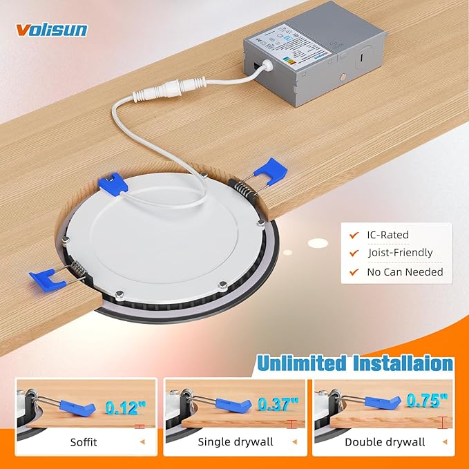 VOLISUN 12 Pack 6 inch Recessed Lighting, 5CCT LED Recessed Light Black, 2700K-5000K Selectable, 13W Eqv 120W, 1080LM Dimmable Canless Wafer Downlight, LED Ceiling Light ETL Certificated