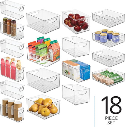 iDesign Stackable Plastic Handle Bin Storage Organizers, 18 Pack, Clear | For Kitchen, Fridge, Pantry, Home, Assortment Set