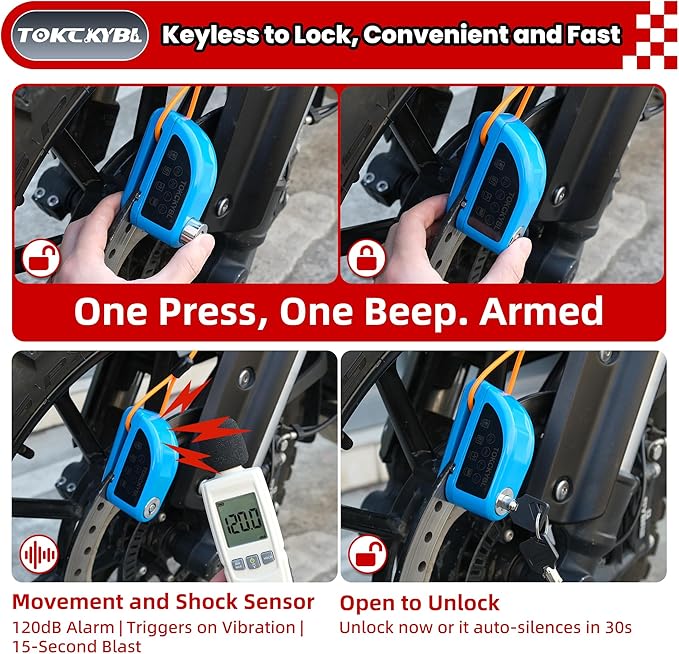 Rechargeable Motorcycle Disc Lock with 120dB Alarm, 5FT Reminder Cable with Anti-Theft Helmet Lock Cable, IP67 Waterproof, Universal Fit for Motorcycle Bike Scooter Ebike