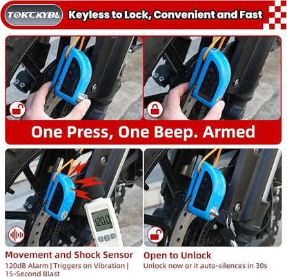 Rechargeable Motorcycle Disc Lock with 120dB Alarm, 5FT Reminder Cable with Anti-Theft Helmet Lock Cable, IP67 Waterproof, Universal Fit for Motorcycle Bike Scooter Ebike