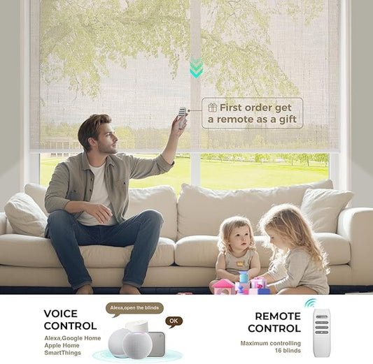 HeyBlinds Motorized Blinds with Remote, Smart Roller Shades with App & Voice Control, Work with Alexa Google HomeKit, Light Filtering Custom Window Shades for Living Room Office (Starry-Latte LF)