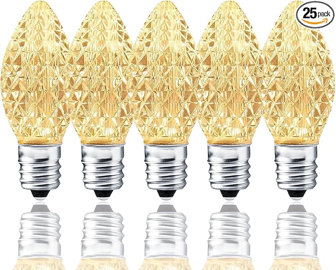 25 Pack C7 LED Replacement Bulbs- Warm White Bulbs Dimmable for Christmas Outdoor Indoor String Lights, IP65 Waterproof White LED Night Light Bulbs, 0.72 Watts, C7/E12 Candelabra Base