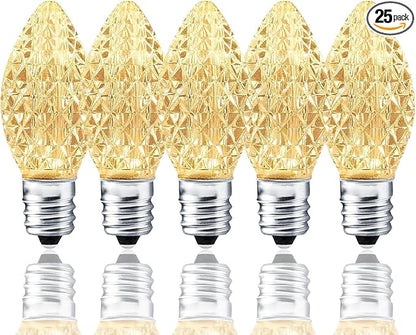 25 Pack C7 LED Replacement Bulbs- Warm White Bulbs Dimmable for Christmas Outdoor Indoor String Lights, IP65 Waterproof White LED Night Light Bulbs, 0.72 Watts, C7/E12 Candelabra Base