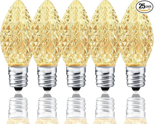 25 Pack C7 LED Replacement Bulbs- Warm White Bulbs Dimmable for Christmas Outdoor Indoor String Lights, IP65 Waterproof White LED Night Light Bulbs, 0.72 Watts, C7/E12 Candelabra Base