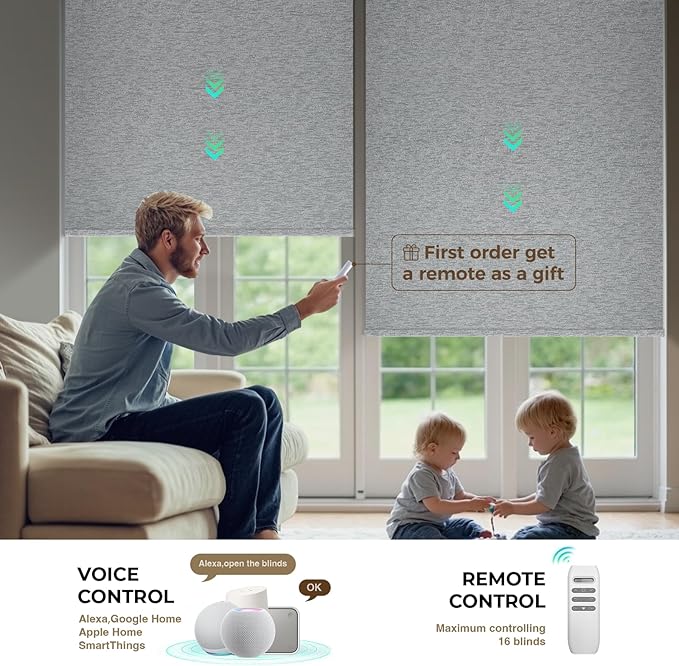 HeyBlinds Motorized Blinds with Remote, 100% Blackout Smart Blinds, Automatic Shades for Windows Compatible with Alexa Google and Homekit, Custom Size(Silver Lining-Misty Grey BO)