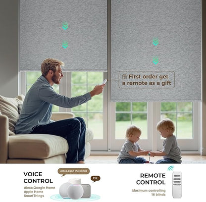 HeyBlinds Motorized Blinds with Remote, 100% Blackout Smart Blinds, Automatic Shades for Windows Compatible with Alexa Google and Homekit, Custom Size(Silver Lining-Misty Grey BO)