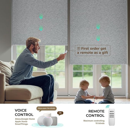 HeyBlinds Motorized Blinds with Remote, 100% Blackout Smart Blinds, Automatic Shades for Windows Compatible with Alexa Google and Homekit, Custom Size(Silver Lining-Misty Grey BO)