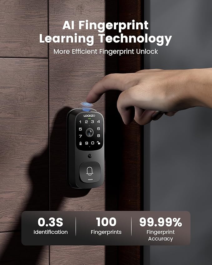 Lockzo Smart Lock with Camera, 3-in-1 WiFi Doorbell Keyless Entry Door Lock, Deadbolt Lock for Front Door, Fingerprint, Keypad Code, App Control, IP65 Waterproof, BHMA, Support Alexa&Google Assistant