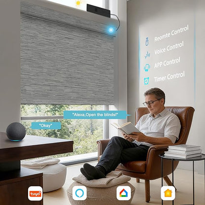 BERISSA Smart Motorized Blinds with Remote,No Drill Automatic Roller Blinds for Indoor Windows,Blackout Linen Fabric,Electric Shades for Windows Home Office,Maze Grey,Custom Size