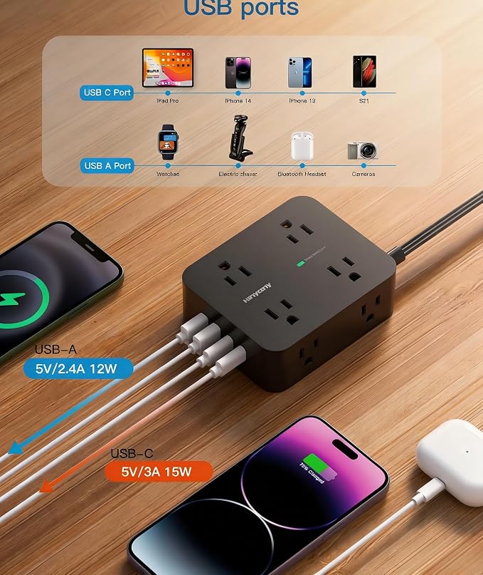 Power Strip Surge Protector, Extension Cord with 8 Widely Spaced AC Outlets