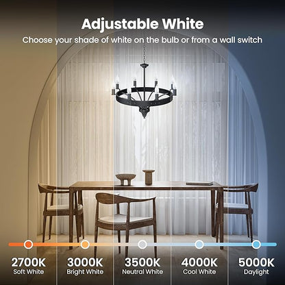 Feit Electric CA10 LED Candle Bulb Flame Tip, 40W Equivalent, Dimmable, Color Selectable 6-Way, 5CCT, E12 Candelabra Base, 90 CRI, 450 Lumens, Chandelier Bulb, 22-Year Life, CFF40/6WYCA/2, 2 Pack