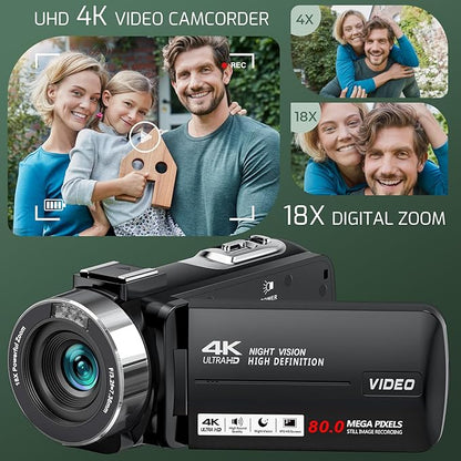 4K Camcorder Video Camera Ultra HD 80MP IR Night Vision Vlogging Camera for YouTube,18X Digital Zoom Camcorder 3.0" 270° Rotation IPS Screen Video Recorder with 32GB SD Card, Lens Cap and 2 Batteries