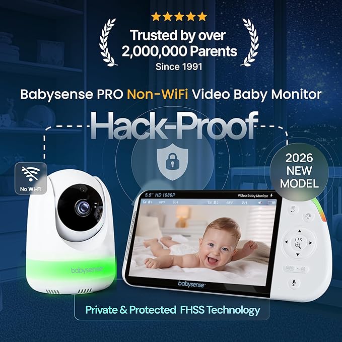 Babysense PRO Full HD 5.5" Split Screen Baby Monitor with Camera and Audio, 6-Color Night Light, White Noise, Sound & Light Machine, 20-Hour Battery, Hack-Proof Non-WiFi Secure Connection