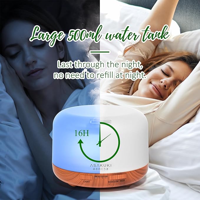 ASAKUKI Oil Diffuser with Essential Oils Set, 500ml Aromatherapy Humidifier with 14 LED Colors & Auto Shut-Off - 6 Oil Gift Pack(Lavender Eucalyptus Tea Tree Orange Peppermint Lemongrass)