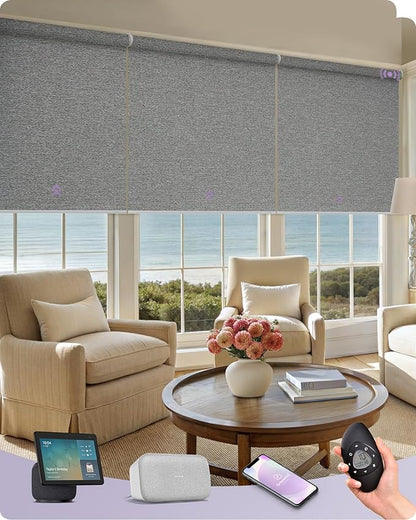 Graywind Smart Coupled Roller Shades Compatible with Alexa Google Custom Size Extra Large Motorized Blinds for Windows(Striped Grey)