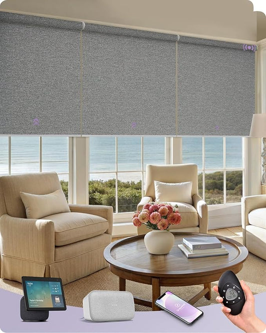 Graywind Smart Coupled Roller Shades Compatible with Alexa Google Custom Size Extra Large Motorized Blinds for Windows(Striped Grey)