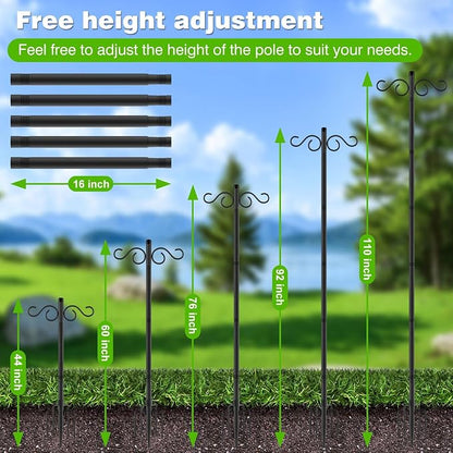 RCUICA Double Shepherds Hooks for Outdoor,2 Pack 110Inch Bird Feeder Pole with 5 Prongs Base,Heavy Duty Shepherds Hook,Suitable for Garden in Hanging Flower Basket,Lantern,Bird Nests (110 inch)
