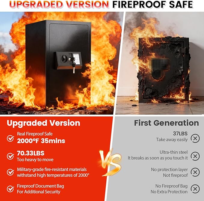 [𝟐𝟎𝟐𝟔 𝟑𝟓-𝐌𝐢𝐧 𝟏𝟕𝟎𝟎°𝐅] Fireproof Safe for Home, Money Safe for Cash,70 Lbs Heavy Duty Fire Proof safes for Home Use, Wall Mounted Jewelry Safes with Sensor LED Light and Alarm System