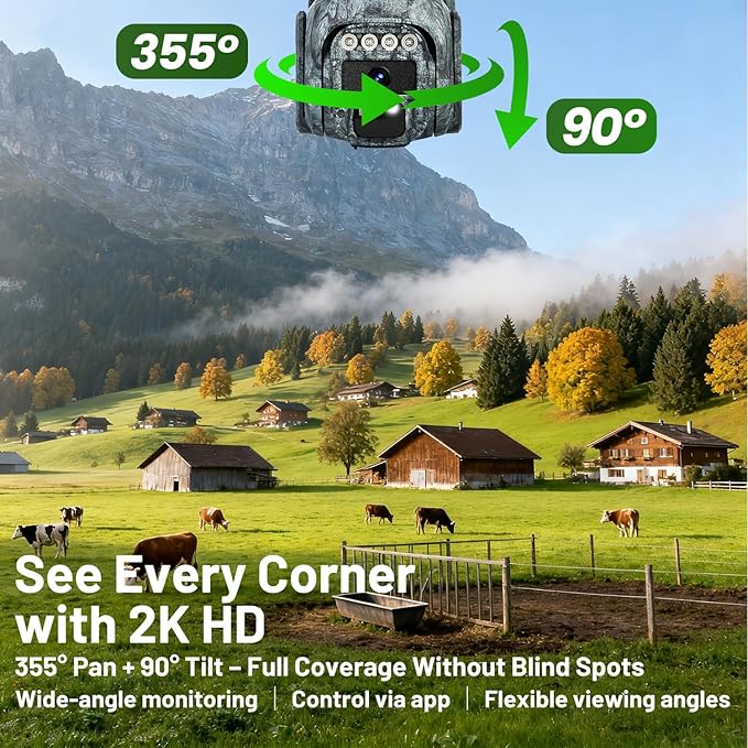 4G LTE Solar Cellular Security Camera Outdoor, Battery Power, No WiFi Wireless Camera with SIM Card Subscription Plan, 2 Way Talk, 355° View, 2K Vision, PIR Motion Sensor, Farm (Camouflage)