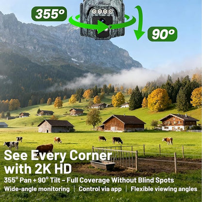 4G LTE Solar Cellular Security Camera Outdoor, Battery Power, No WiFi Wireless Camera with SIM Card Subscription Plan, 2 Way Talk, 355° View, 2K Vision, PIR Motion Sensor, Farm (Camouflage)