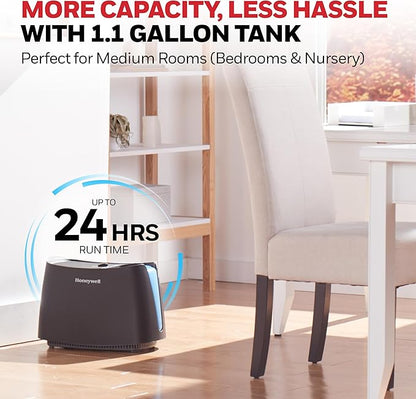 Honeywell Cool Moisture Humidifier For Bedroom, Medium Rooms, 1.1 Gallon, Invisible Moisture Humidifier for Baby, Kids, Quiet, Easy to Clean, UV Technology, Black, HCM350B
