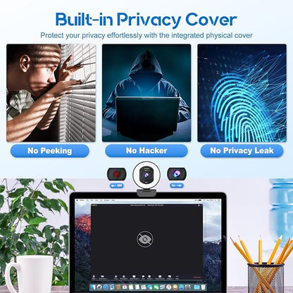 4K Webcam with Ring Light Web Cam 4K Autofocus with TOF Computer Camera 1080P 60FPS Web Camera Built-in Privacy Cover and Microphone Streaming Webcams for Zoom/Skype/Google Meet