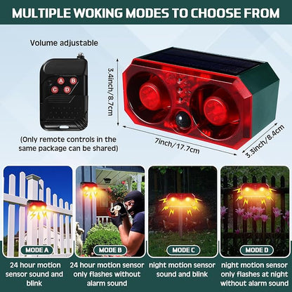 Qualirey 2 Pcs Solar Outdoor Motion Sensor Alarm with Stake Animal Deterrent Dog Barking Sensor 13 Sound 130dB Loud Noise Maker 4 Mode with USB Remote Control Support Recording Volume Adjustment