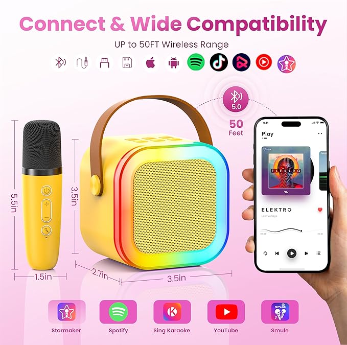 Mini Karaoke Machine for Kids Adults, 2026 TOP Birthday Gifts for Girls Boys 3,4,5,6,7,8+Year Old Toddler Toys, Portable Bluetooth Speaker with 2 Wireless Karaoke Microphones Player (Yellow)