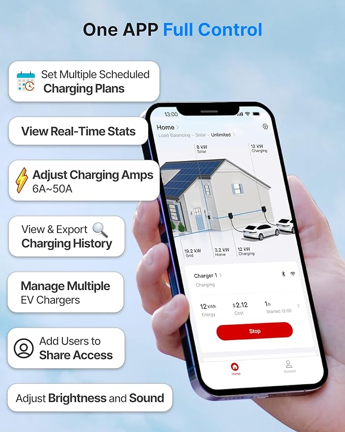 Hardwired L2 EV Charger + Power Monitor, Smart Energy Management for Home EV Charging, Active Load Management & Solar Charging Mode to Save on Costly Electrical Upgrades, Wi-Sun Connectivity
