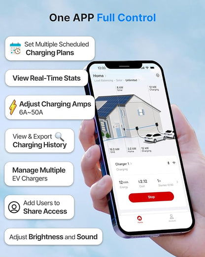 Hardwired L2 EV Charger + Power Monitor, Smart Energy Management for Home EV Charging, Active Load Management & Solar Charging Mode to Save on Costly Electrical Upgrades, Wi-Sun Connectivity