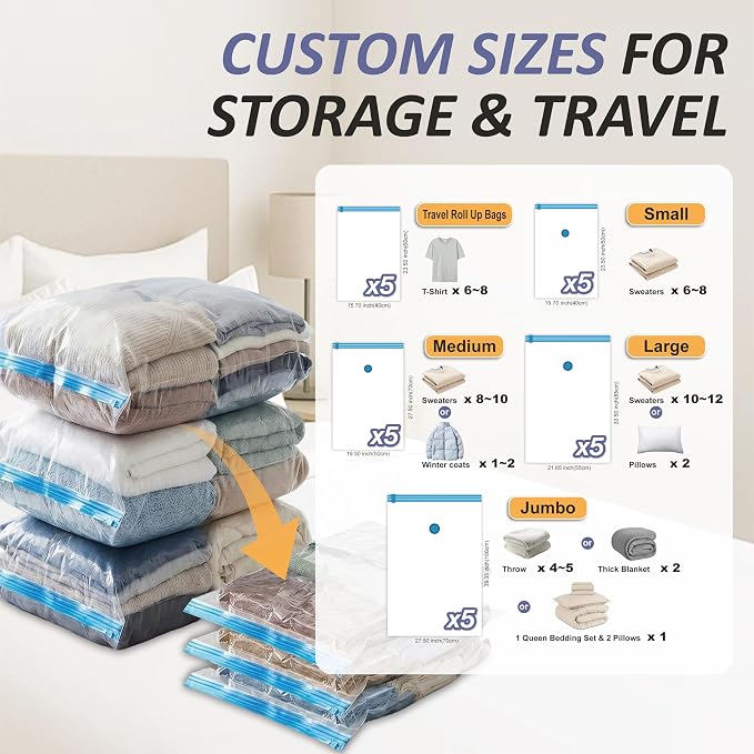 Vacuum Storage Bags with Hand Pump, Vacuum Seal Space Saver Bags,25 Combo | 80% Space-Saving Bags for Clothing, Blankets, Pillows, Bedding & Comforters; Multi-Size Variety Pack for Home & Travel