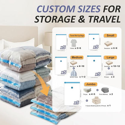 Vacuum Storage Bags with Hand Pump, Vacuum Seal Space Saver Bags,25 Combo | 80% Space-Saving Bags for Clothing, Blankets, Pillows, Bedding & Comforters; Multi-Size Variety Pack for Home & Travel