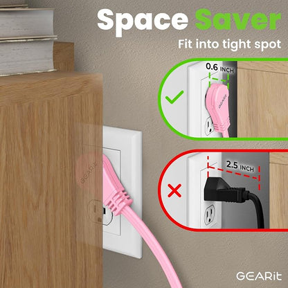 GEARit 6 ft 360° Rotating Flat Plug Extension Cord, 3 Outlet Low Profile Power Cord, 16 AWG 13A 3 Prong Grounded Indoor Cord, ETL Listed, Space-Saving for Furniture, Pink