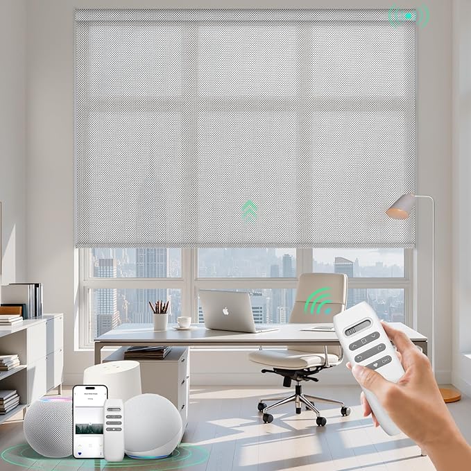 HeyBlinds Motorized Solar Shades with Remote, Light Filtering Mesh Roller Shades, Flame Retardant Smart Blinds, UV Blocking, Alexa Google HomeKit Compatible, Custom Size (Cloud Grey-5% Openness)