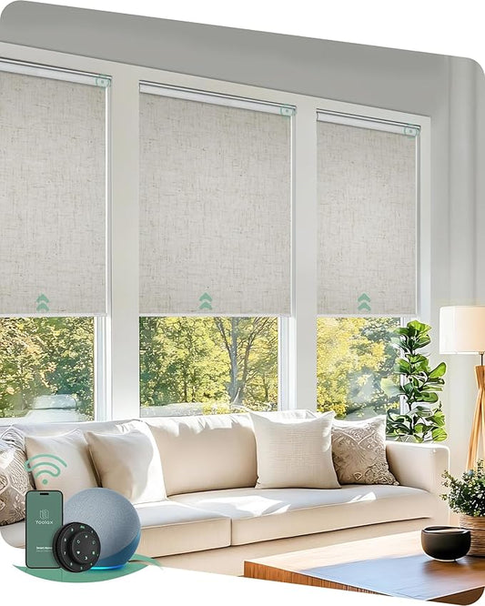 Yoolax Motorized Blinds with Remote, 100% Blackout Smart Roller Shades Work with Alexa, Google, Apple Homekit, Custom Automatic Shades with Voice Control for Bedroom Office (Linen Beige)