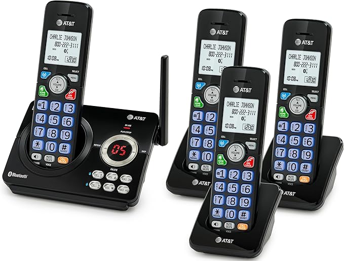 AT&T DL72479 4-Handsets Cordless Landline Phone System with Digital Answering Machine, Bluetooth Connect to Cell, Unsurpassed Range, Big Buttons,1000-Number Call Blocker - Black