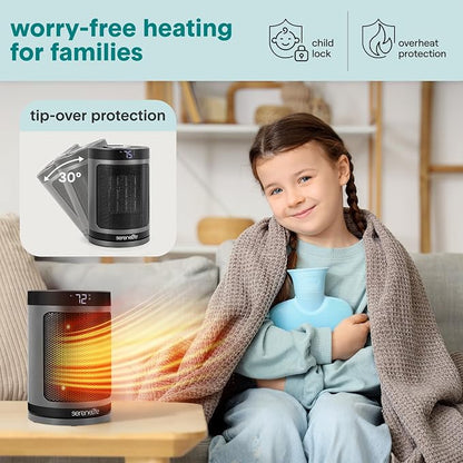 SereneLife Smart Space Heater – 1500W Indoor Electric Heater with Thermostat, Remote Control, 12-Hour Timer, Wi-Fi Enabled PTC Ceramic Heating for Home and Office, Gray (5.9" x 5.9" x 9.5")