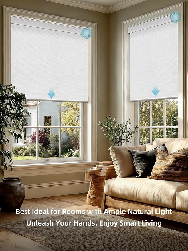 SmartWings Motorized Smart Blinds with Remote, Custom Automatic 100% Blackout Roller Shade Compatible with Alexa/Homekit/Google, Electric Smart Blinds for Indoor Windows, Safari White