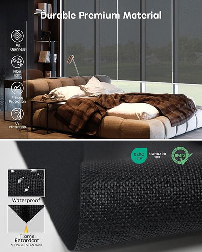 Yoolax Motorized Blinds with Remote, Flame Resistat mart Roller Shades Work with Alexa, Google, Apple Homekit, Custom Automatic Shades with Voice Control for Living Room (5% Openness Black)