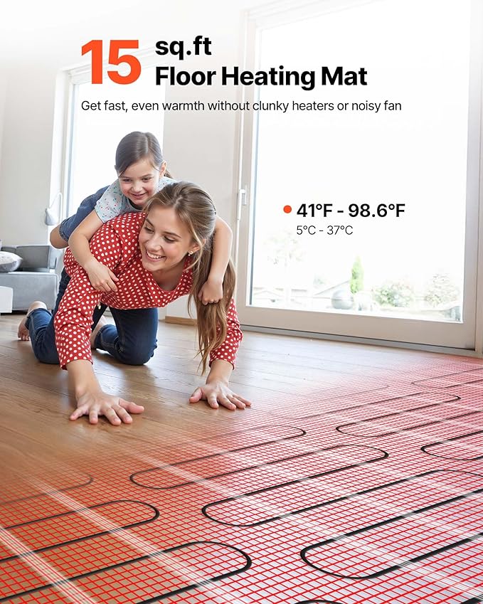 VEVOR Self-Adhesive Mesh Floor Heating Mat, 15 sqft 120V, Smart Thermostat & Alarm, Easy Install for Tile, Stone & Vinyl Flooring