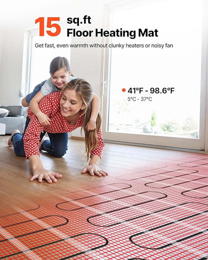 VEVOR Self-Adhesive Mesh Floor Heating Mat, 15 sqft 120V, Smart Thermostat & Alarm, Easy Install for Tile, Stone & Vinyl Flooring