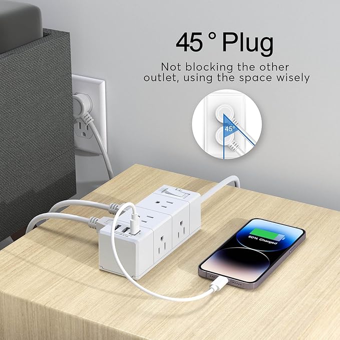 15Ft Extension Cord Flat Plug Power Strip - Tcstei 3-Side Outlet Extender with 6 AC Outlets and 3 USB Ports (1 USB C), Compact for Home, Office, Dorm Room Essentials, White