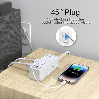 15Ft Extension Cord Flat Plug Power Strip - Tcstei 3-Side Outlet Extender with 6 AC Outlets and 3 USB Ports (1 USB C), Compact for Home, Office, Dorm Room Essentials, White