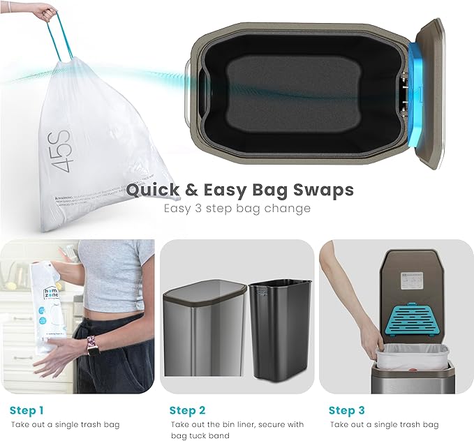 Home Zone Living 13 Gallon Slim Kitchen Trash Can with CleanAura Odor Control, Soft-Close Lid and Step Pedal, Stainless Steel, Silver