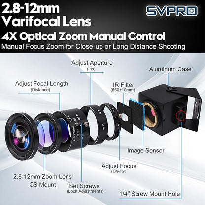 SVPRO 4K 60fps USB Camera with 2.8-12mm Manual Zoom Lens, HDMI/USB3.0 Dual Output, H.264/MJPEG, 4X Optical Zoom Webcam for PC, Mac, Raspberry Pi, Live Streaming, Video Conferencing, TV Monitor