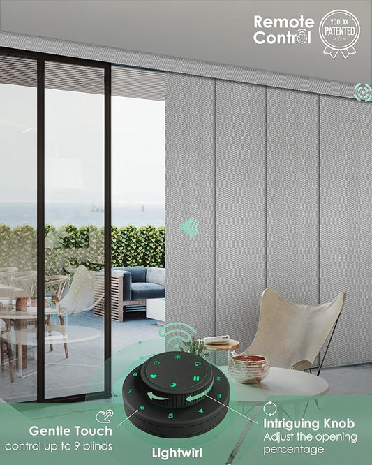 Yoolax Custom XL Smart Sliding Door Blinds, Motorized Sliding Panel Blinds Compatible with Alexa, Fabric Blackout Vertical Rechargeable Battery Shades for Glass Doors(Grid Light Gray)