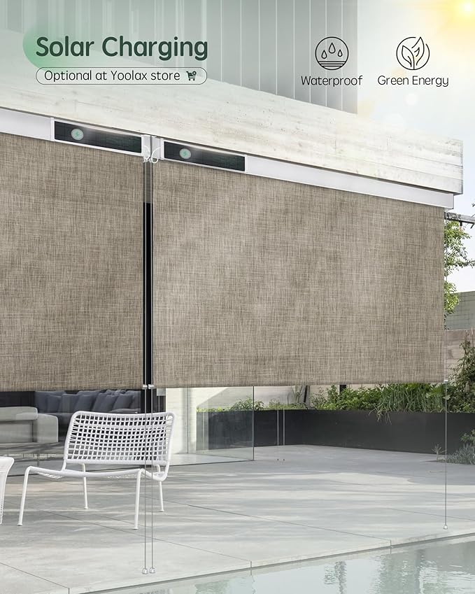 Yoolax Motorized Outdoor Shades Smart Retractable Patio Screens with App & Remote Control, Electric Blinds for Porch Patio Waterproof Roller Shades 4X6ft (5% Openness Minty Oat Latte)
